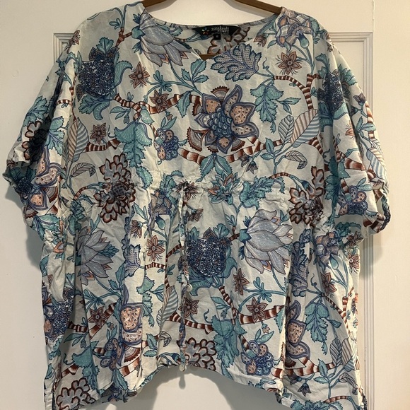 100% Cotton Boho Floral Blue and Cream Kaftan Top Size M - Picture 5 of 7